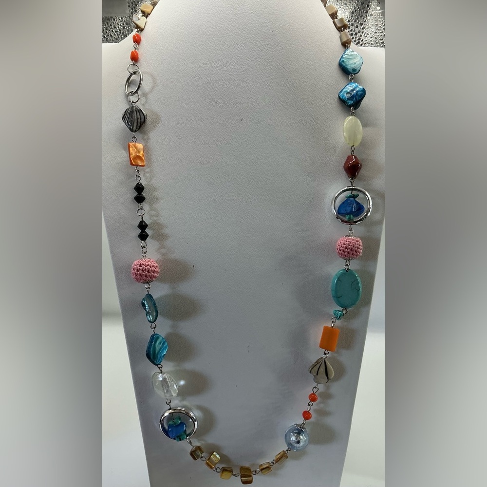 Cg BOHO MULTI COLOR MIXED MATERIAL SILVER TONE LONG NECKLACE VERSITILE AND FUN